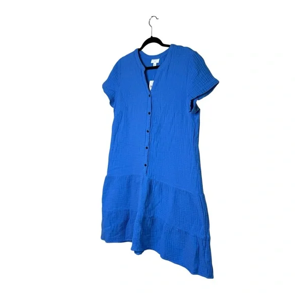J. Jill Cyan Blue Slubbed Cotton Gauze Drop Waist Tiered Midi Dress New Casual - Picture 3 of 7